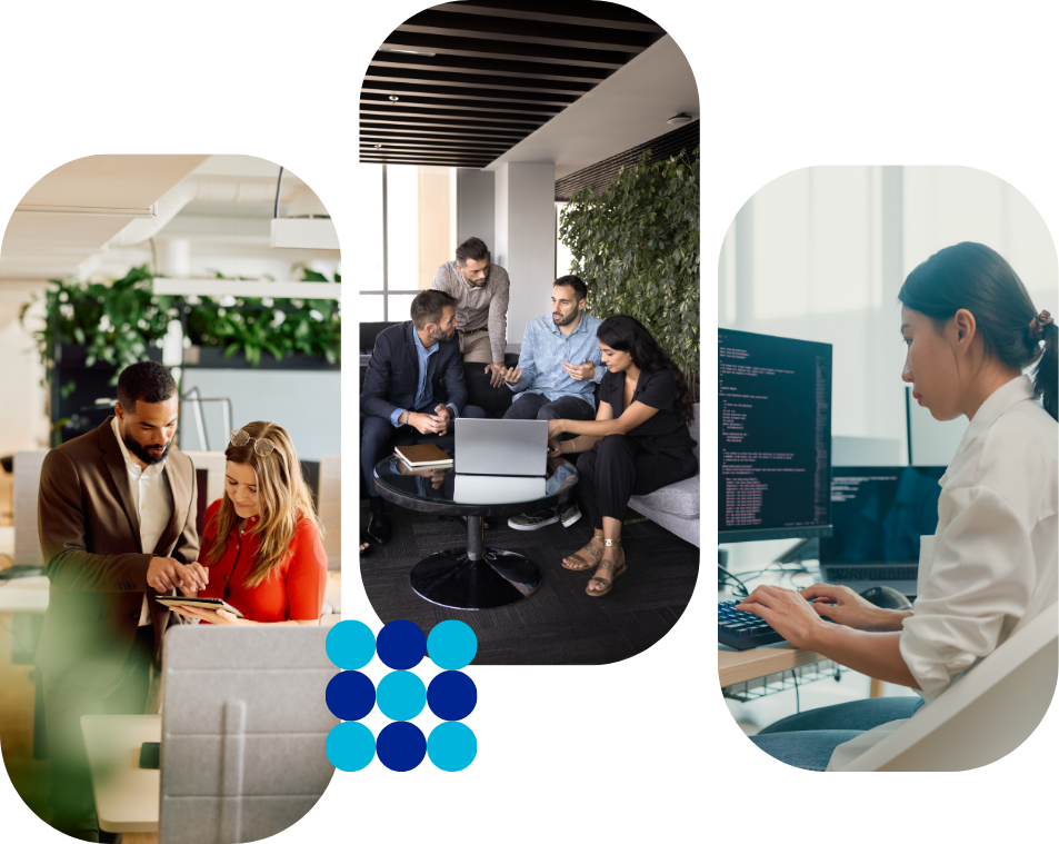 Three panels with people working in offices