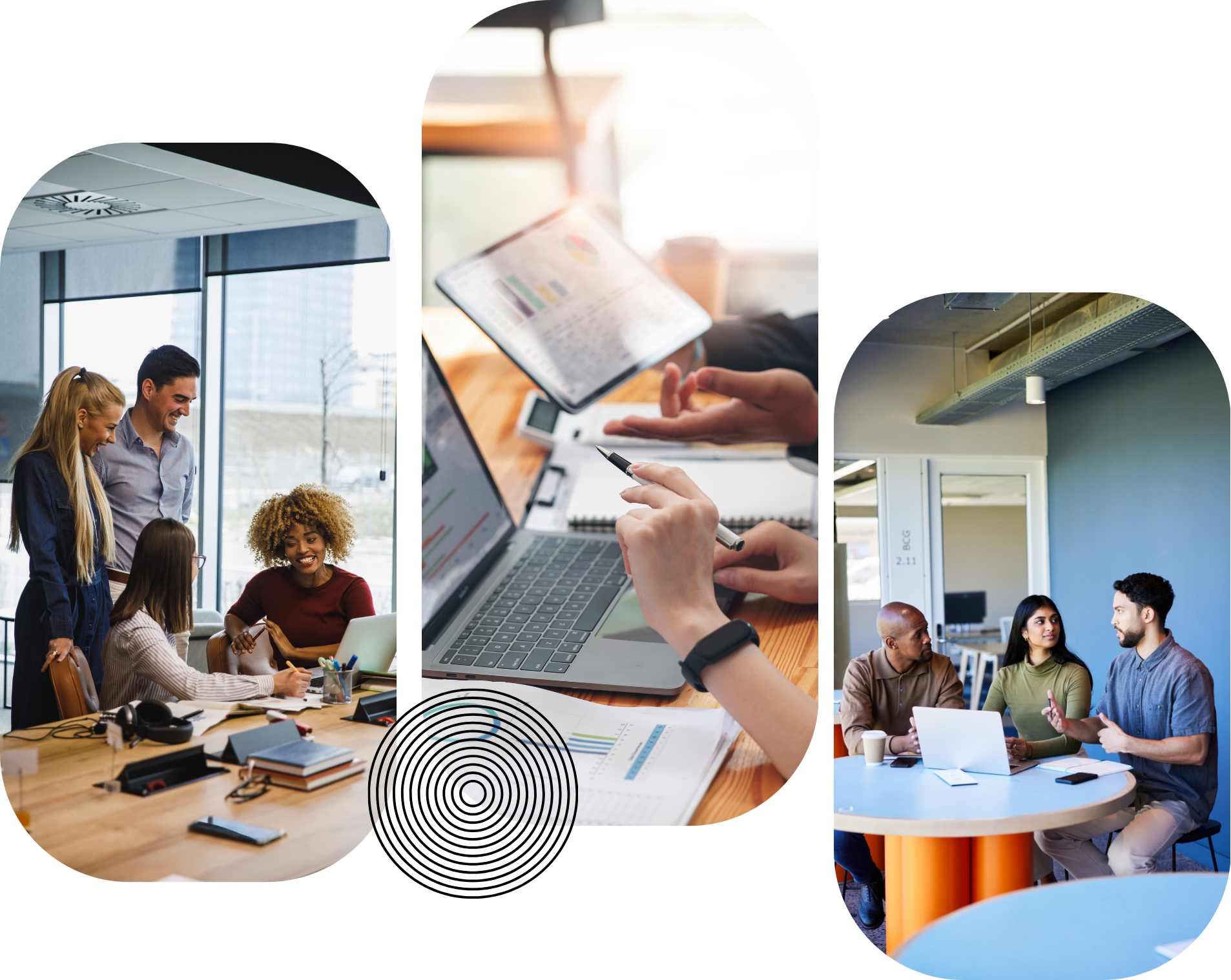 A three panel image showing office scenes