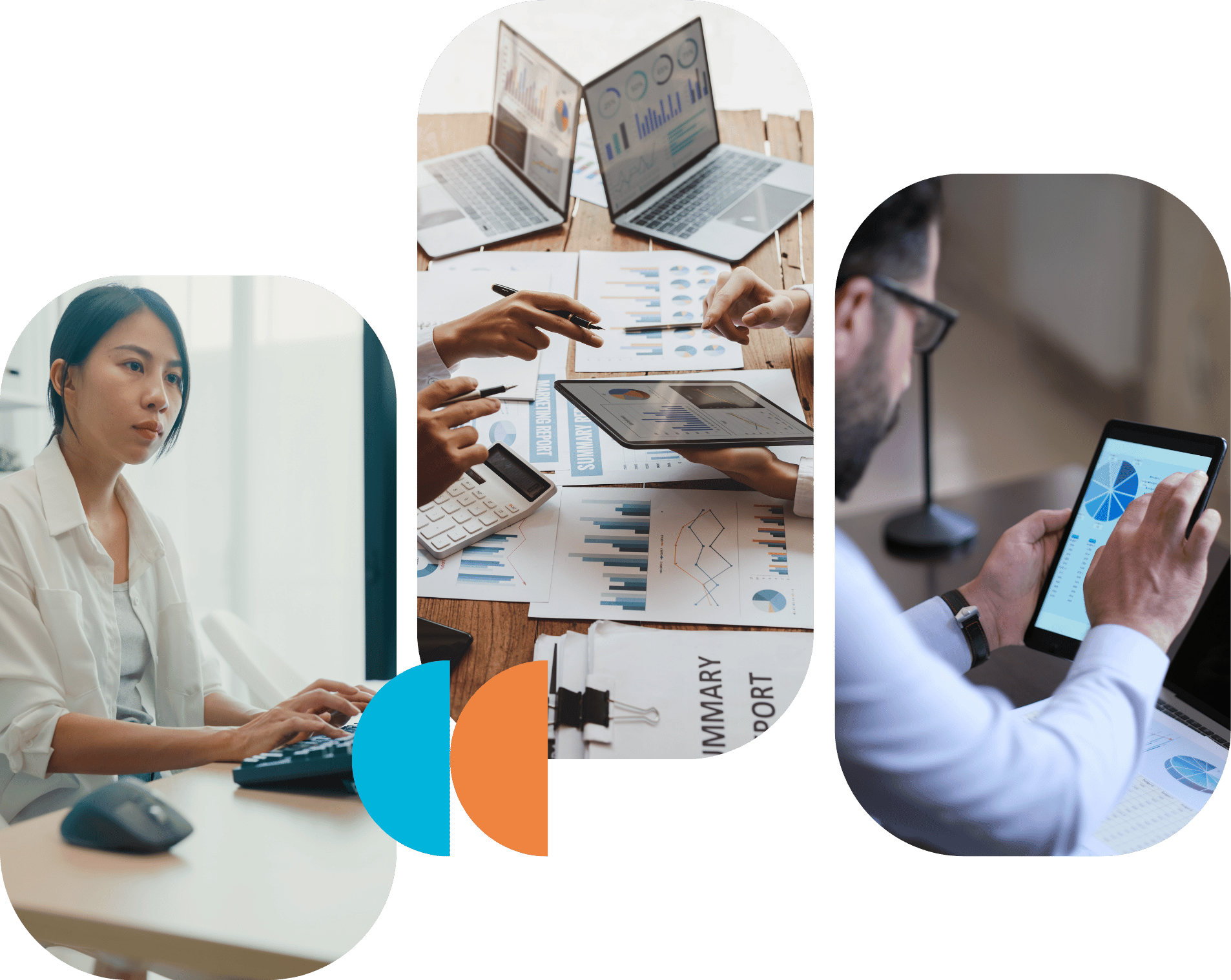 Three panel image showing office analytics work